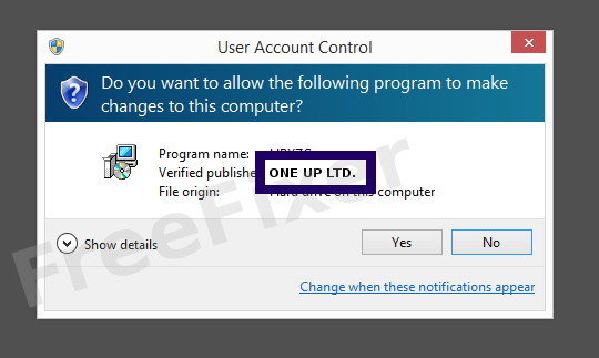 Screenshot where ONE UP LTD. appears as the verified publisher in the UAC dialog